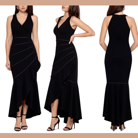 NWT XSCAPE Piped Mermaid Hem Hi Low Gown 10 Black - Picture 1 of 12